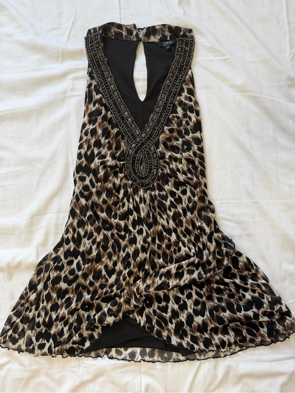 Beaded V-Neck Leopard Mini Dress - Black & Brown